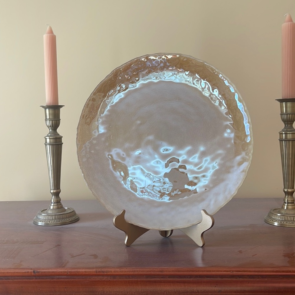 Glass golden plate 14 inch and holder and Bombay bronze candlesticks 12 inches